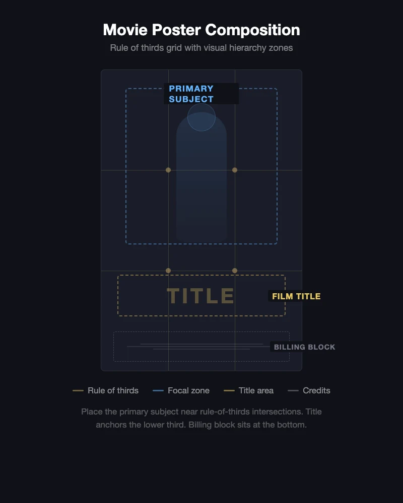 Movie poster composition diagram showing rule of thirds grid with labeled zones for primary subject, title, and billing block