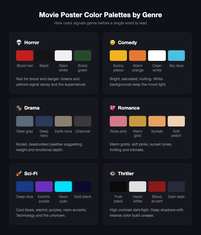 Genre color palette comparison showing typical color schemes for horror, comedy, drama, romance, sci-fi, and thriller movie posters