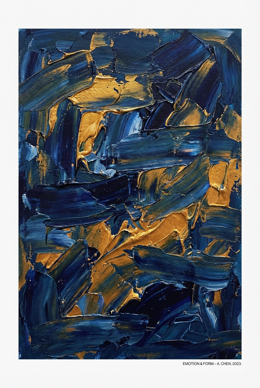 Vertical poster design with expressive abstract brush strokes creating a textured masterpiece, rich layers of deep blue and gold, focus on emotion and form rather than objects, small discrete text in the corner, gallery quality.