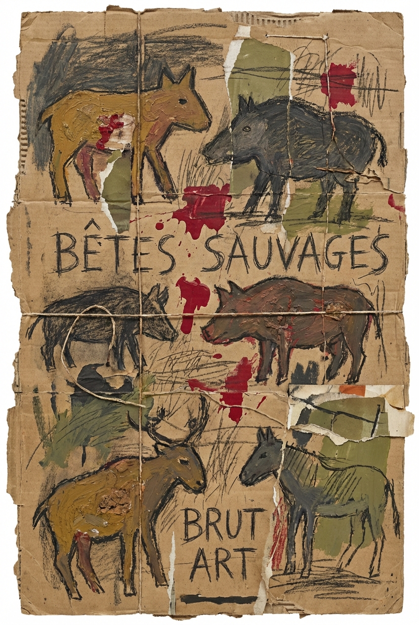 Tall poster composition, Art Brut design, primitive animal shapes on rough cardboard background, mixed media look with crayons and thick paint, raw untrained expression, rough scratched typography, muted palette with splashes of red, outsider art vibe.