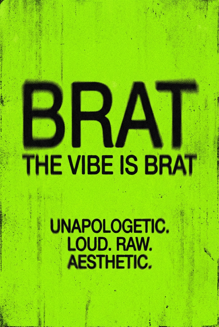 Brat风格数字艺术竖版海报:整幅强烈石灰绿色背景、低分辨率粗糙纹理,适用于线上营销和品牌推广素材,适合社媒封面与印刷使用 | poster.sh