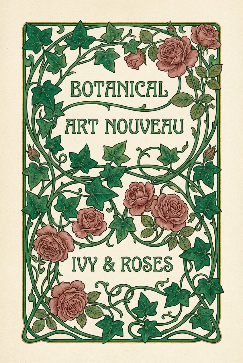 Portrait format layout showcasing a botanical Art Nouveau pattern, intricate climbing ivy and blooming roses, organic curves filling the space, rich emerald green and muted pink tones, period-accurate lettering integrated into the vine structure, symmetrical yet organic design, vintage decorative art aesthetic.