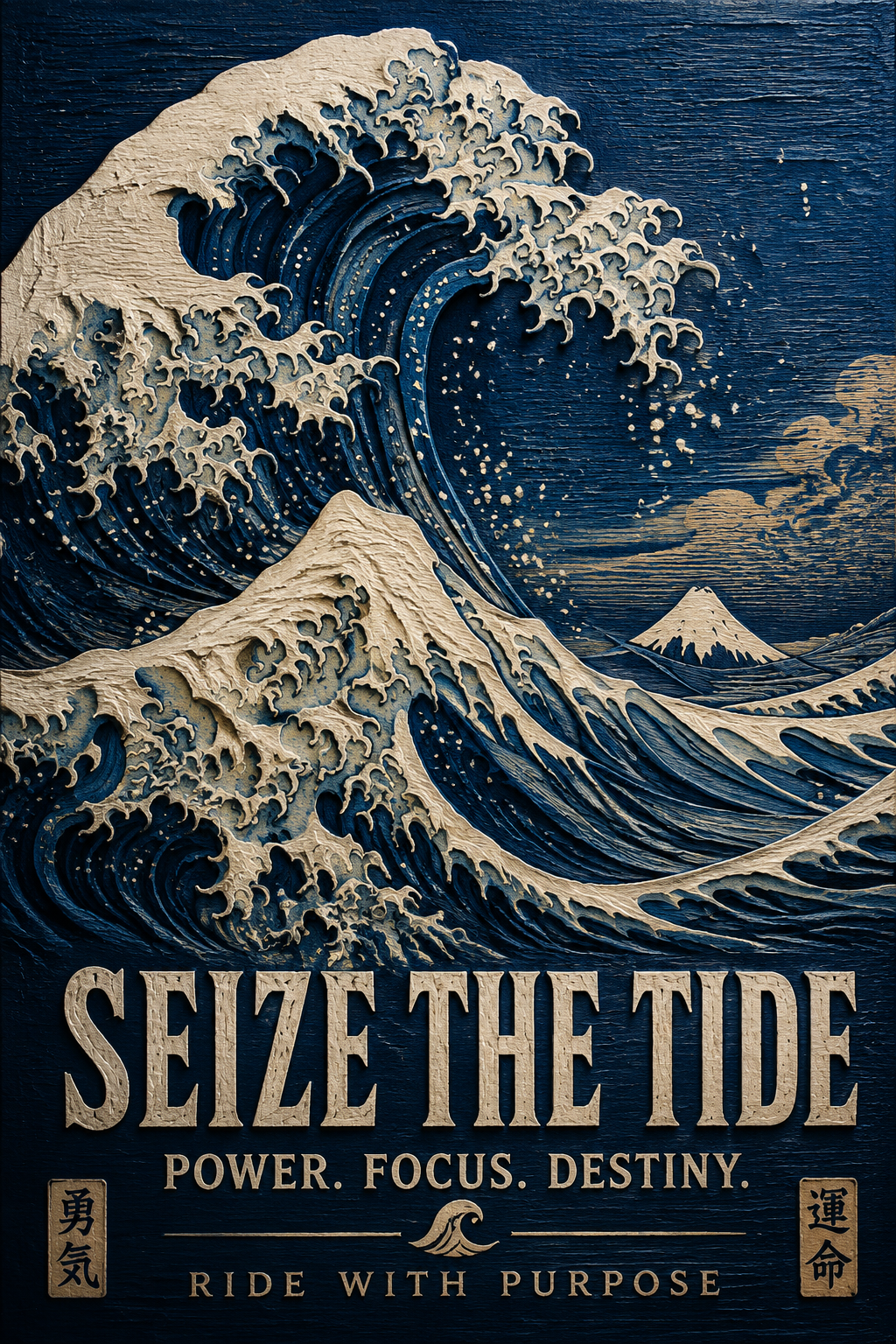 木版画风格蓝色海浪冲击动态艺术海报 | Poster