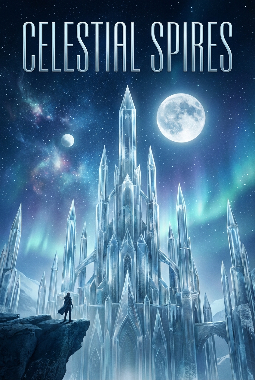 Portrait format layout of a towering fantasy castle made of crystal spires reaching into a starry night sky with two moons, epic scale and grandeur, cinematic fantasy movie poster style, sleek tall elegant typography at the top, cool blues and silver tones, dreamy and majestic.