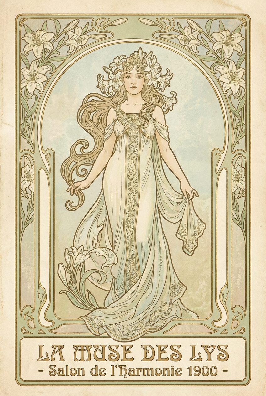 Vertical poster design in Art Nouveau style, featuring an elegant female muse with long flowing hair intertwined with stylized lily flowers, Alphonse Mucha inspired composition, soft pastel colors with gold outlines, ornamental serif typography at the bottom, organic curves and decorative frames, detailed lithograph texture, high resolution.