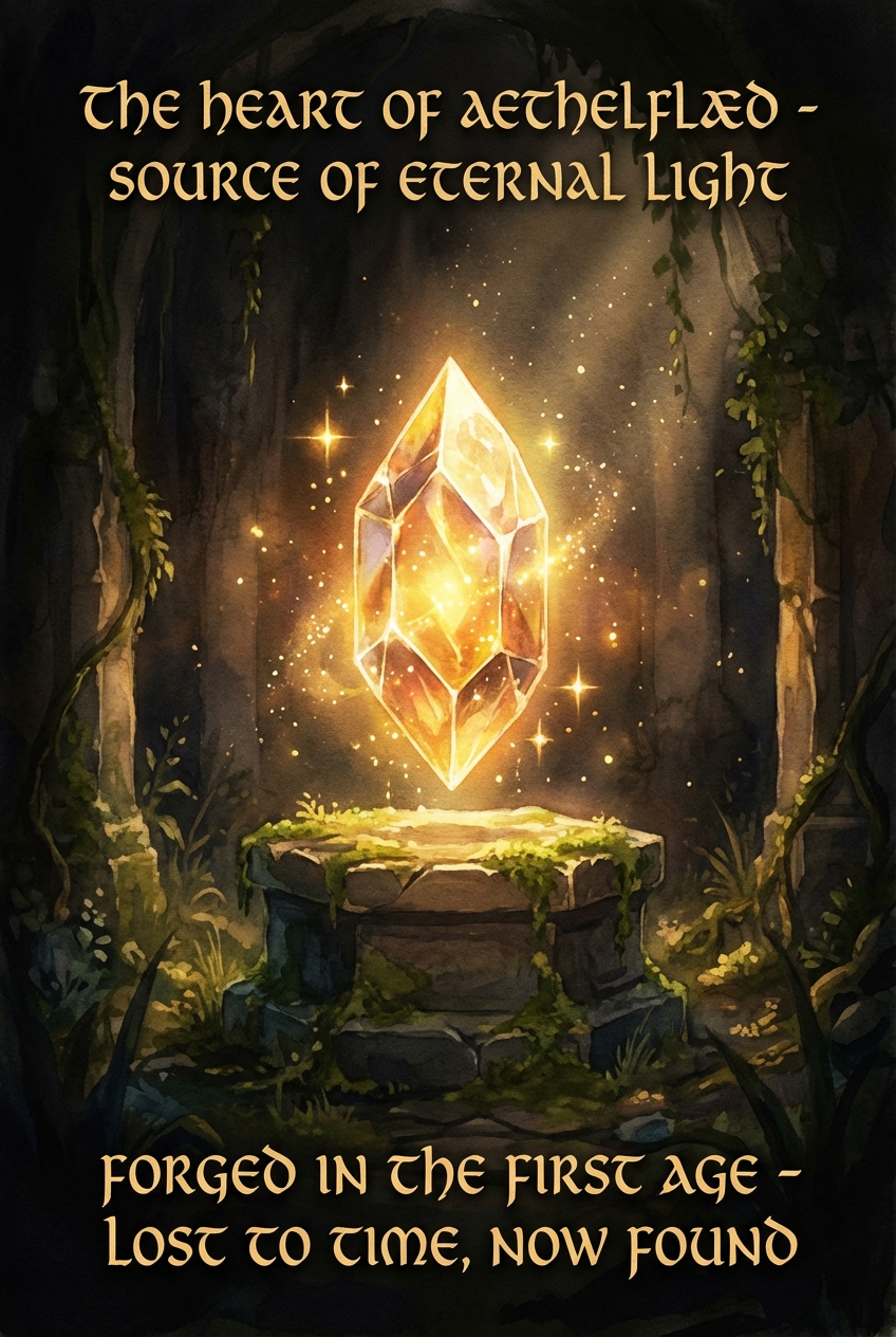 Tall poster composition centering on an ancient glowing crystal artifact resting on a stone pedestal, magical sparkles and dust motes, fantasy art style, calligraphic hand-lettered text describing the artifact, warm golden lighting against a dark background, mysterious and enchanted.