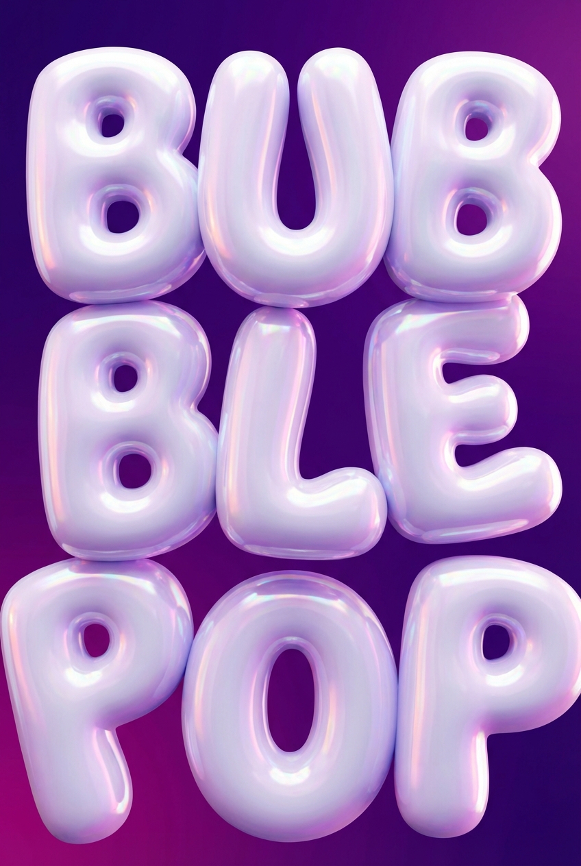 A portrait format layout poster showcasing massive, glossy 3D bubble text from a slightly low-angle perspective, emphasizing its inflated typography. The playful 3D letters cast soft shadows on a deep purple backdrop with subtle light gradients. No logos, no watermarks, minimal readable text.