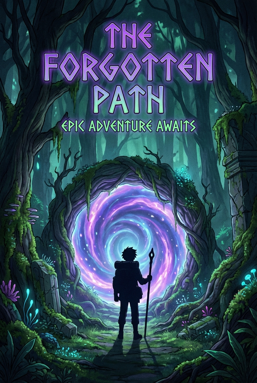 Vertical poster design showing a silhouette of a lone adventurer facing a glowing magical portal in an ancient forest, swirling magical energy, epic adventure vibe, glowing runic-style typography centered, deep greens and glowing purples, mysterious atmosphere.