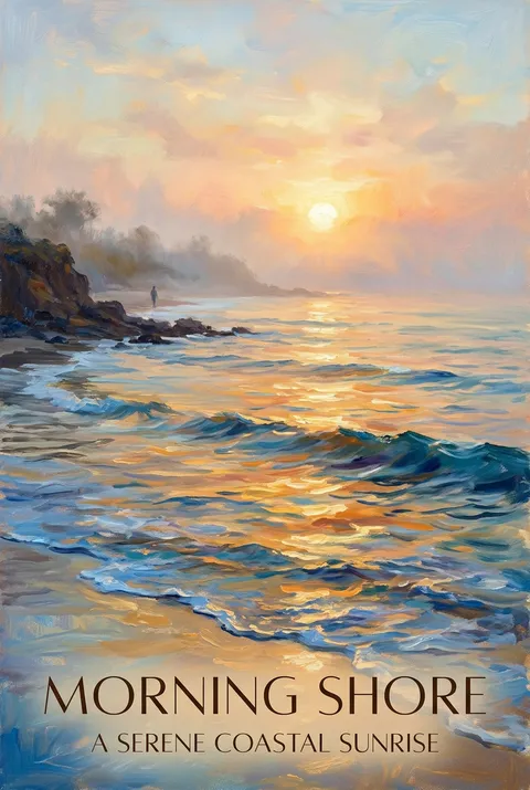 印象派海岸插图：竖幅宁静日出薄雾与柔和散射光的风景画，适合作为墙面装饰海报，画廊级高分辨率艺术打印，适合北欧简约风格居家与办公空间装饰。