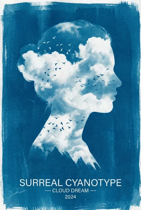 铁氰版画廊艺术，科技品牌设计，蓝色肖像海报