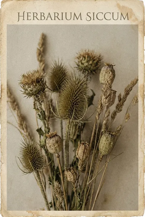 颗粒纹理竖幅干花植物插画特写，柔和复古质感，适合作为墙面装饰海报与室内艺术挂画