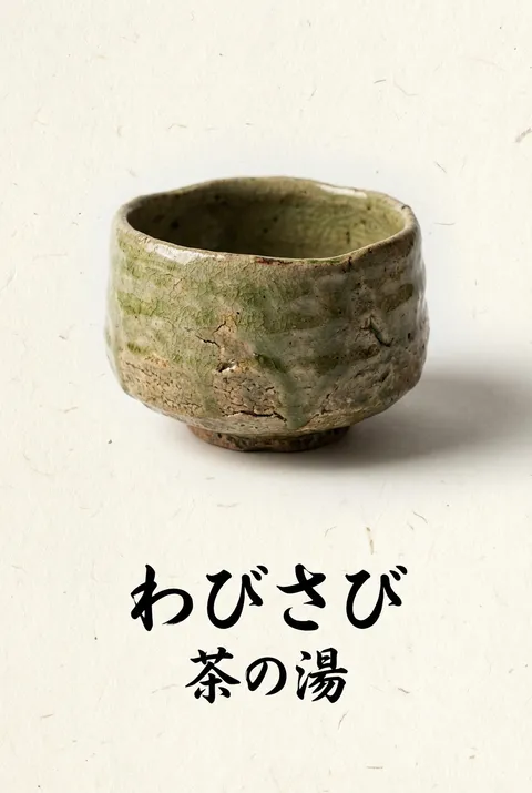 日式极简数字艺术海报：侘寂陶瓷抹茶绿茶碗，粗粘土肌理、不规则有机造型，海报模板与品牌视觉展示