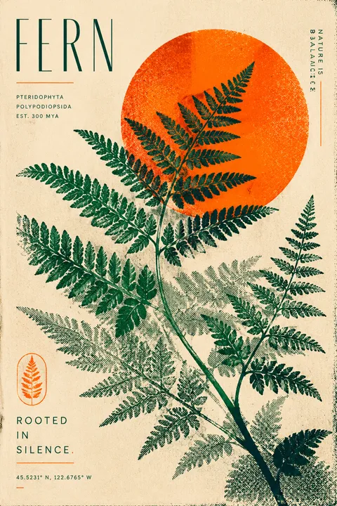 孔版印刷绿色植物蕨叶插画设计海报
