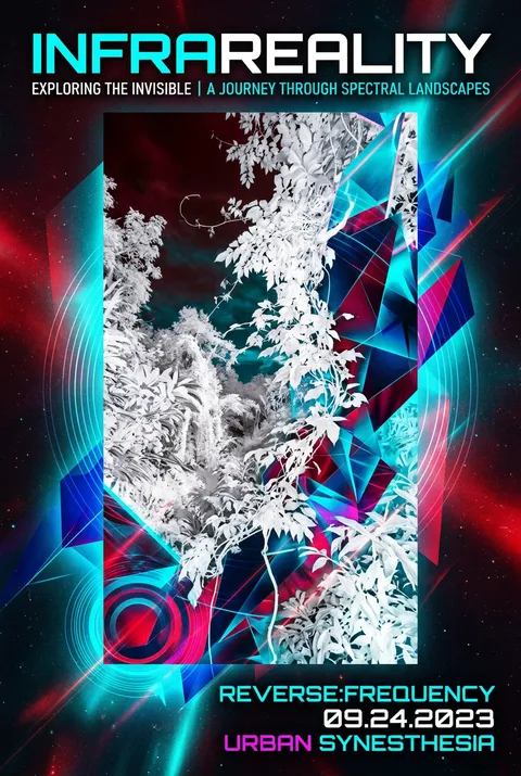 抽象数字艺术海报：红外摄影呈现的白色叶片与几何图形交织，鲜红与青色调的超现实色彩对比，适合现代艺术收藏。