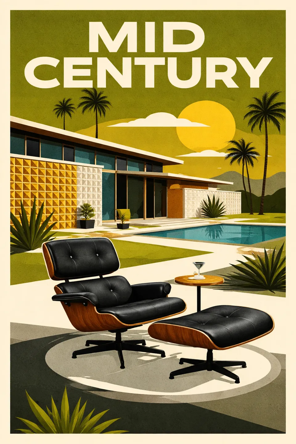 世纪中期现代主义墙面装饰海报,画面呈现 Palm Springs 建筑语汇、前景 Eames 休闲椅与绿色几何通风花砖墙 | poster.sh