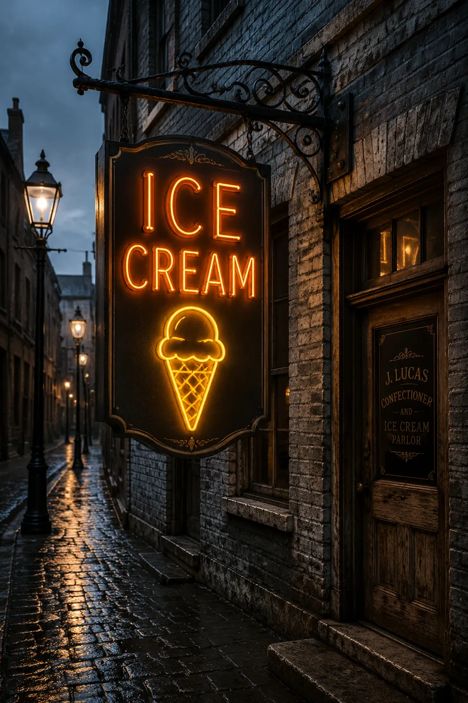 Letrero de neón de heladería sobre ladrillo gris con "ICE CREAM" en ámbar | poster.sh