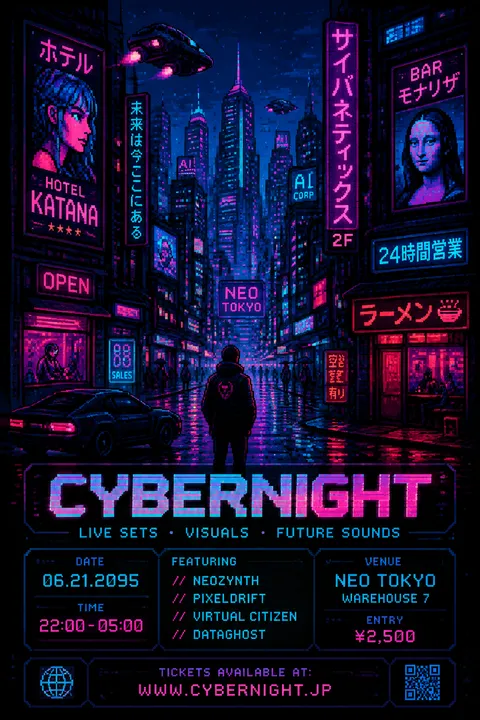 可打印像素艺术霓虹未来主义数字设计海报