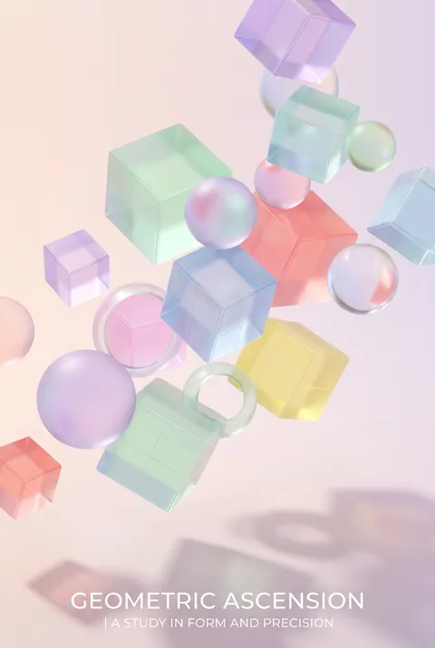 极简数字艺术海报:纵向肖像,半透明漂浮立方体与球体,柔和粉彩配色,角度透视,适合现代室内装饰与打印挂画