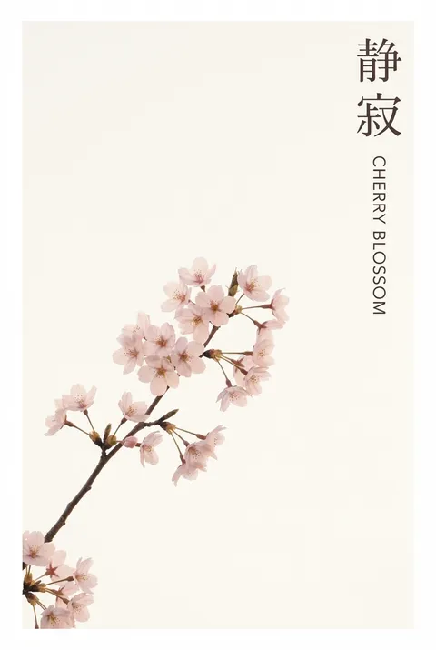 日式极简粉彩樱花数码艺术海报：竖版单枝樱花特写，广阔留白背景，清新宁静，适合在线营销与室内装饰、家居、办公室与品牌视觉推广使用
