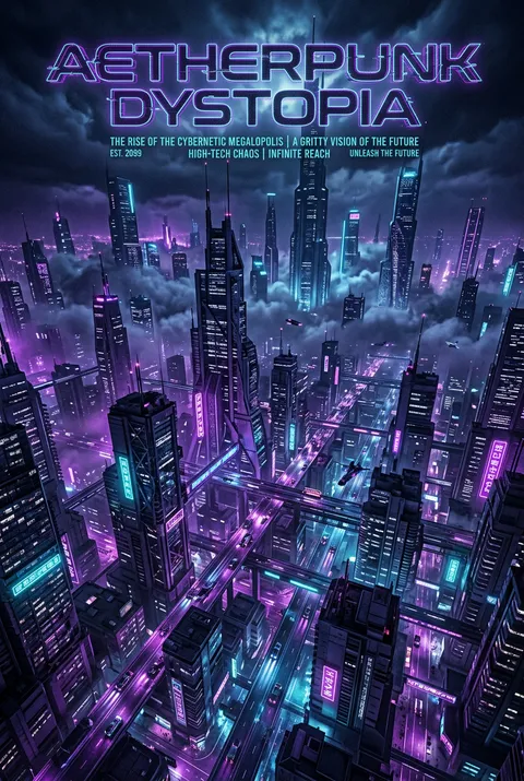 紫色调数字科幻海报,纵向俯瞰高科技反乌托邦城市,云端摩天楼与穿梭飞行器,适用于在线营销