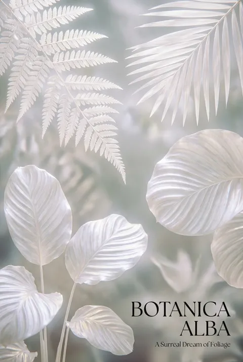 数码红外艺术纵向海报:微距异国植物叶片呈白色叶片细节,柔和梦幻软焦质感,高清可打印,适合室内装饰与线上推广使用