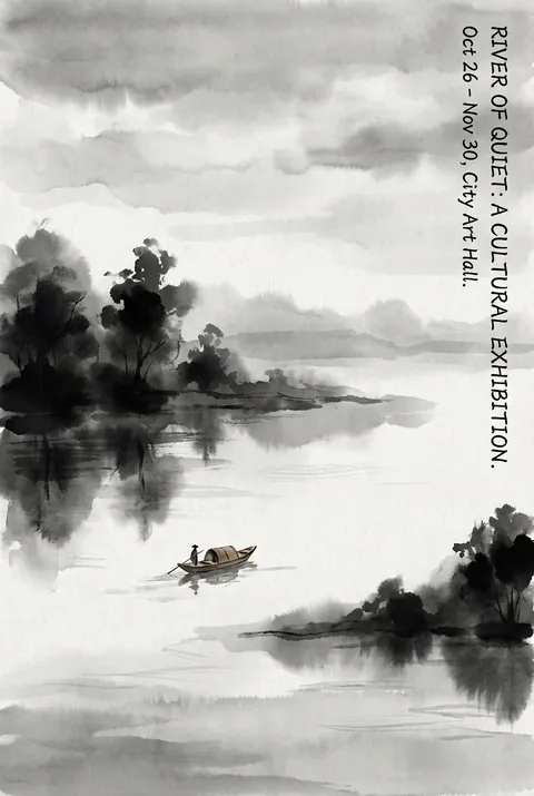 传统山水画风格展览海报，孤舟静泊，适用于科技品牌展示