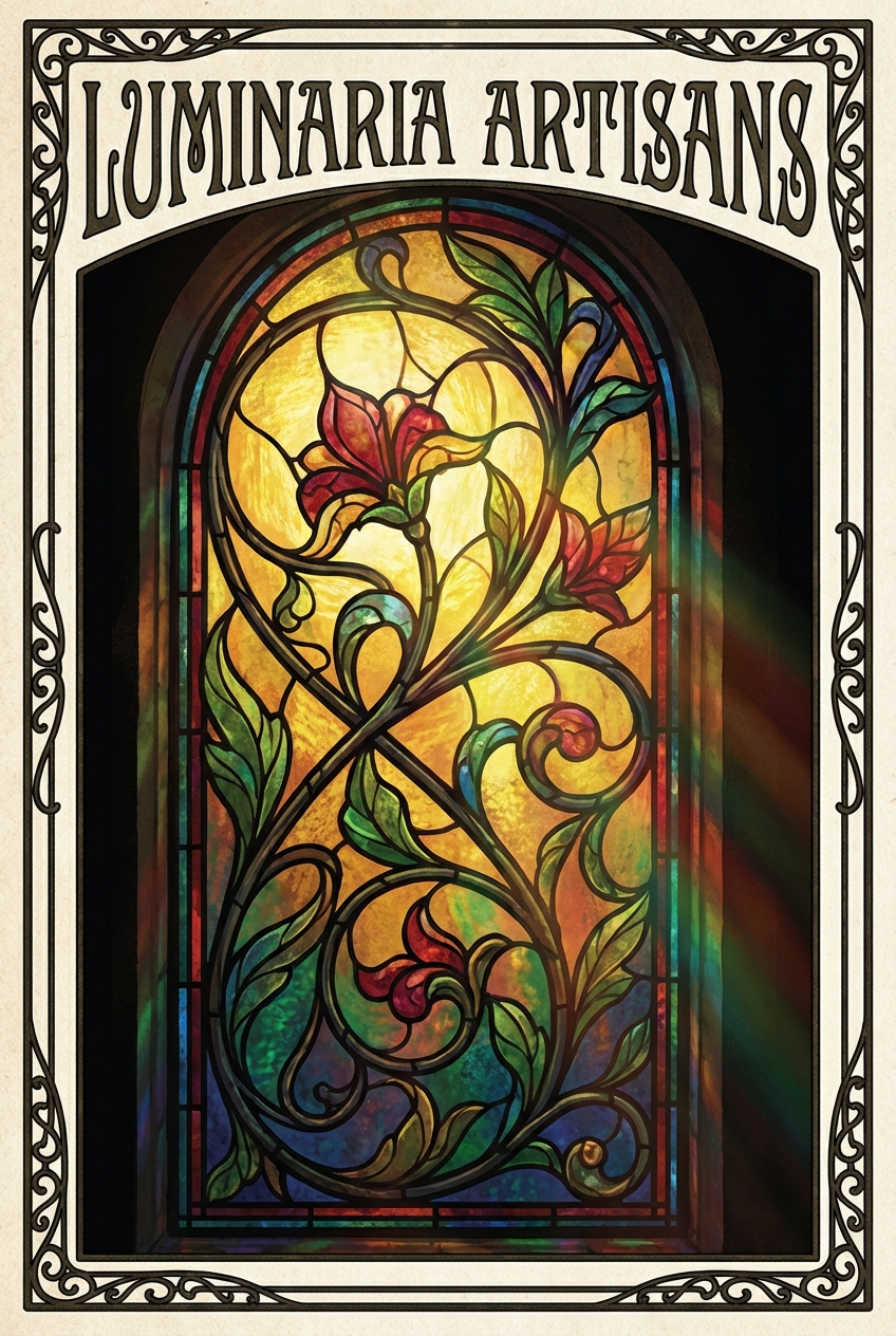 Vertical poster design depicting a stylized stained glass window, vibrant jewel tones of amber and sapphire blue, complex lead lines forming organic curves and floral motifs, dramatic lighting, stylized vintage font header, elegant and sophisticated atmosphere, decorative border.