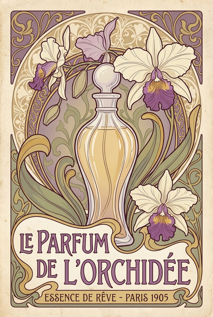 Tall poster composition for a vintage luxury perfume advertisement, Art Nouveau aesthetic with whiplash curves, an elegant glass bottle surrounded by stylized orchids, soft cream and violet color palette, ornamental typography flowing with the design elements, decorative background patterns, flat color illustration style, no real brands.